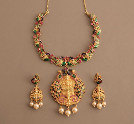 Gold Tone Ruby Meenakari Peacock Lakshmi Necklace Set-dj08558