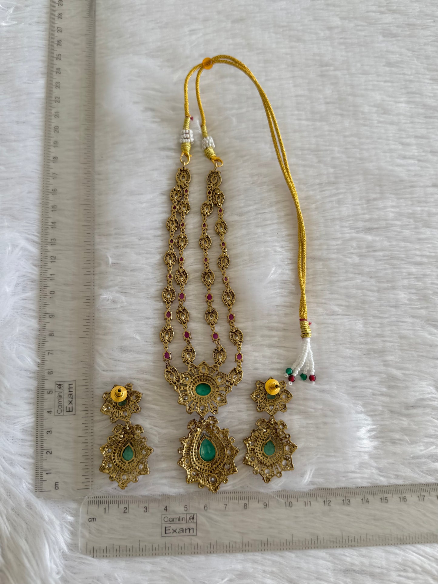 Antique gold tone ruby-sea green floral double layer necklace set dj-52128