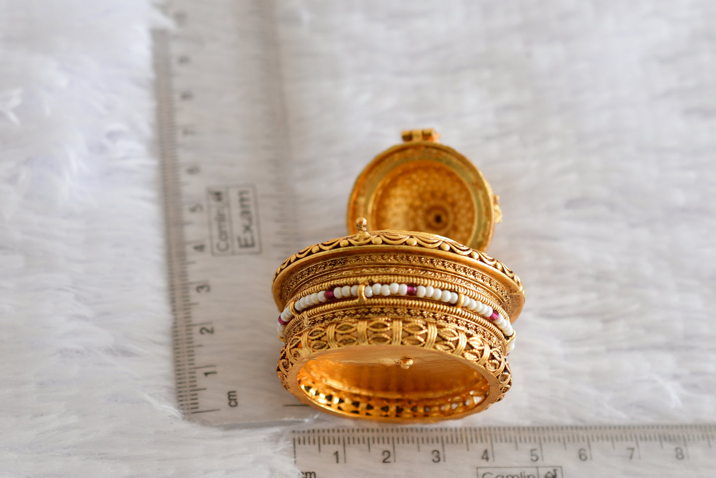 Antique gold tone Shri Krishna temple kumkum box dj-52324