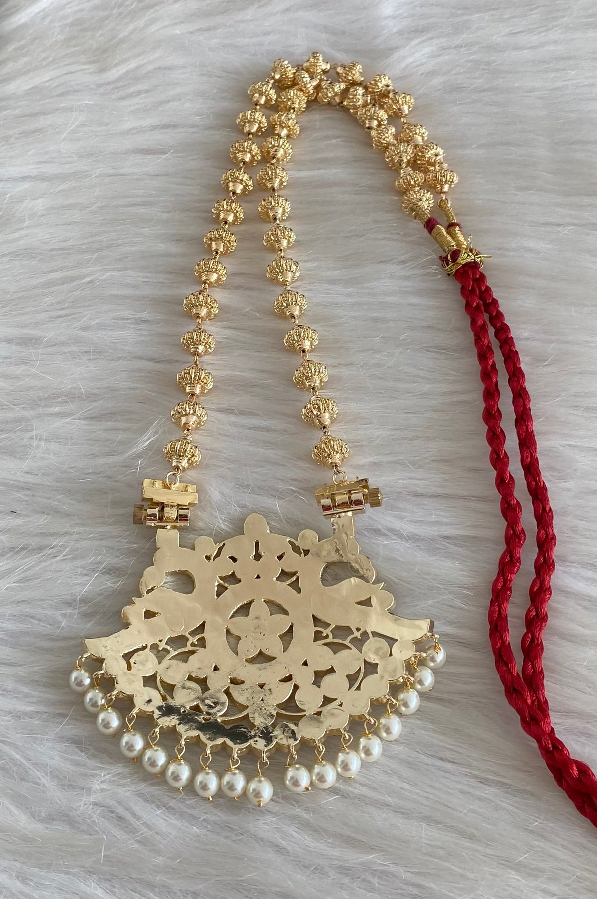 Gold tone precious kemp-green-white peacock flower nakshi beaded haar dj-54731