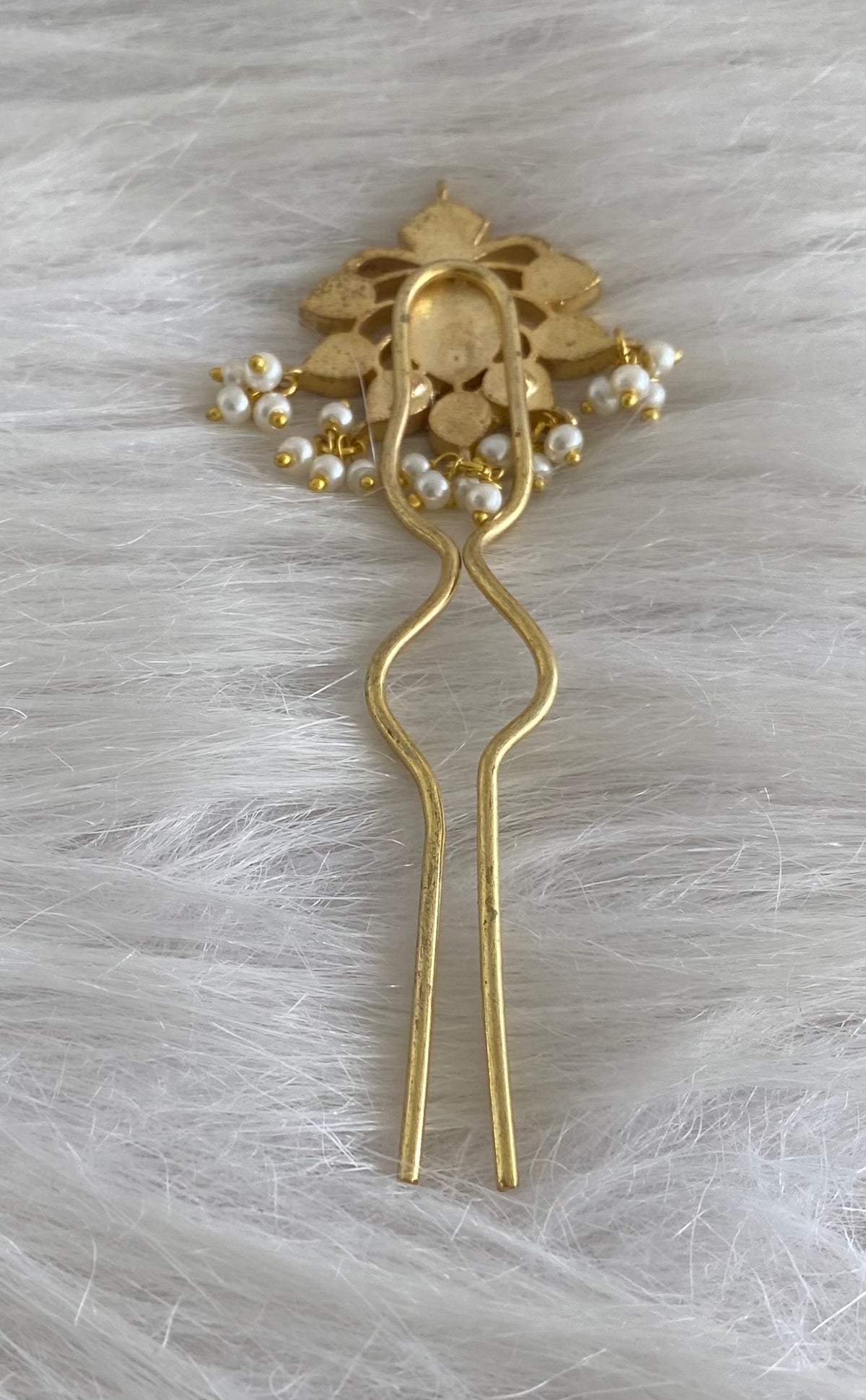 Gold tone kundan jadau kemp-green pearl hair jewel/pin dj-55061