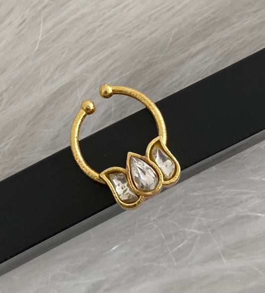 Gold tone kundan jadau white stone lotus nose pin/bulakku dj-53755