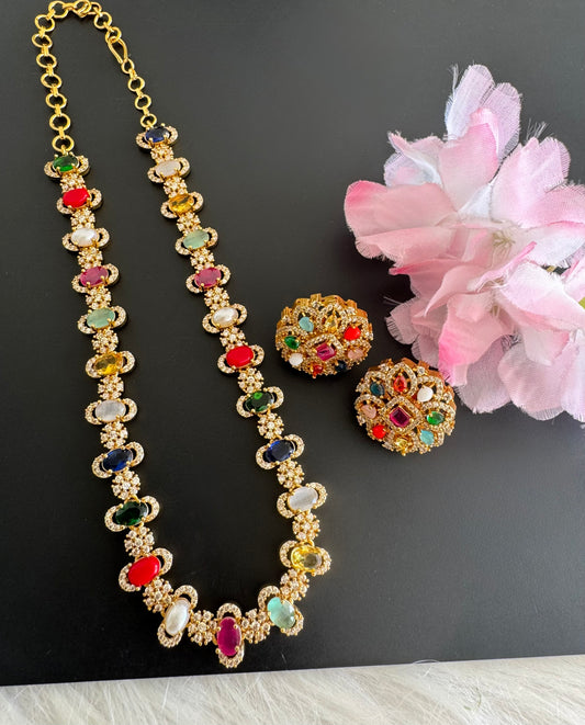 Matte finish cz navarathna stone flower necklace set dj-51208