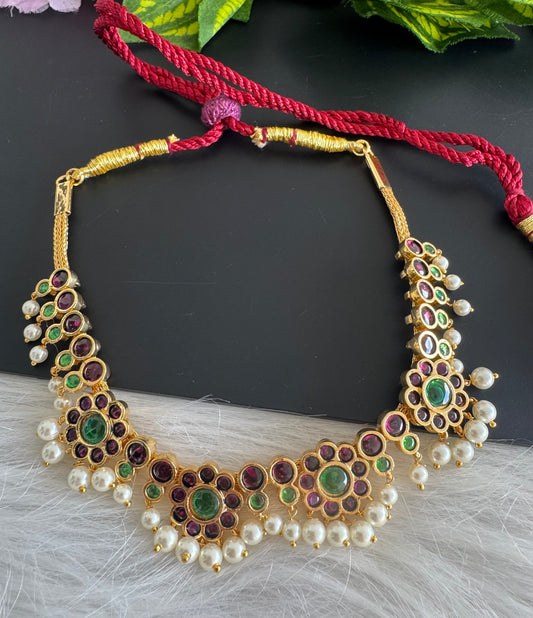 Gold tone precious kemp-green pearl flower necklace dj-51184