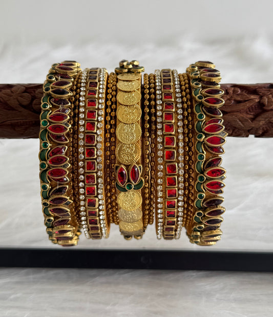Gold tone silk thread red-green-white kundan lotus lakshmi coin bangles(2.6) dj-51339