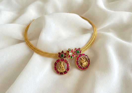 Antique gold tone pink-green kundan jadau Lakshmi necklace dj-35016