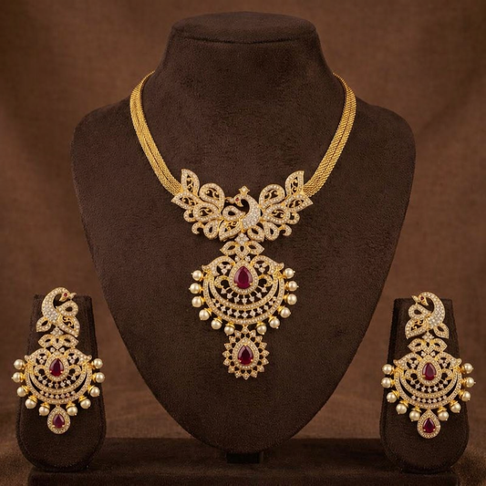 Gold tone cz-ruby pearl peacock necklace set dj-03770