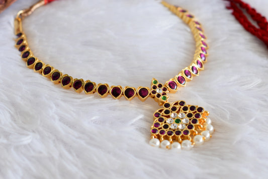 Gold tone precious kemp-green pearl attigai/necklace dj-52252