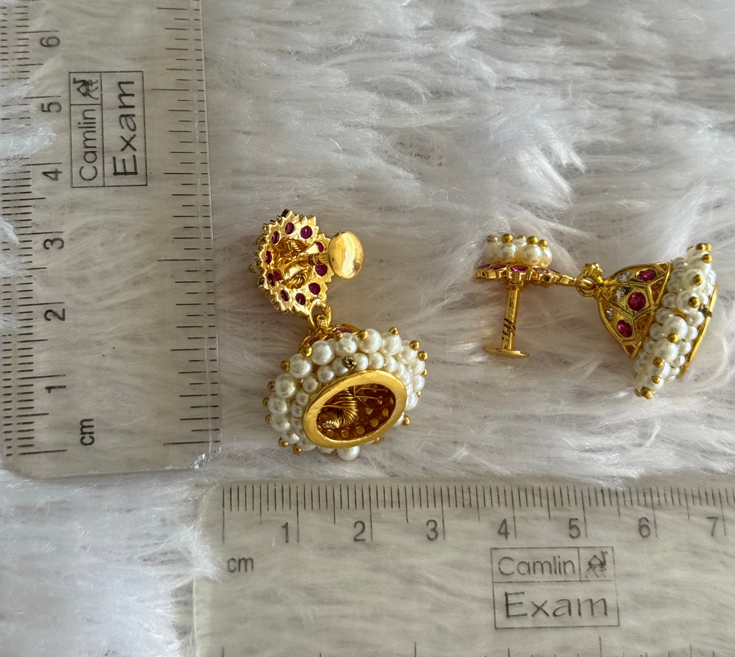 Gold tone ad pink-white stone pearl jhumkka dj-46016