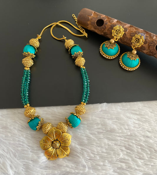 Antique gold green silk thread flower necklace set dj-52917