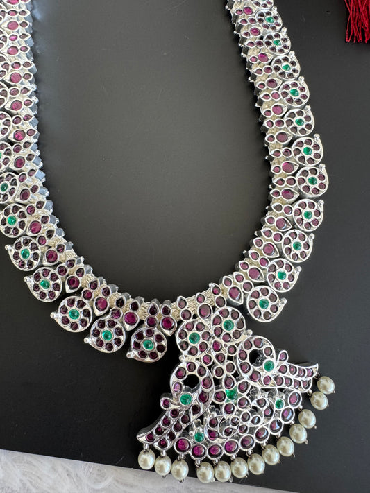 Silver tone precious kemp-green white pearl peacock haar Dj-52529