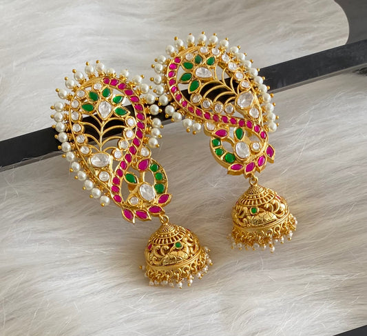 Gold tone kundan jadau big peacock khanpool jhumkka dj-53986