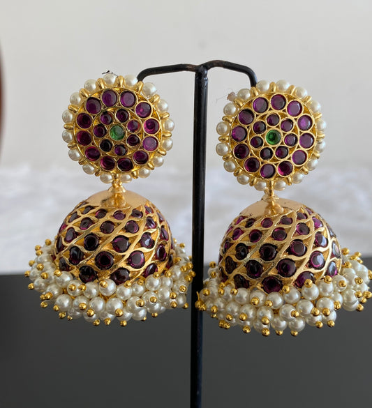 Gold tone precious kemp-green stone pearl big jhumkka dj-53216