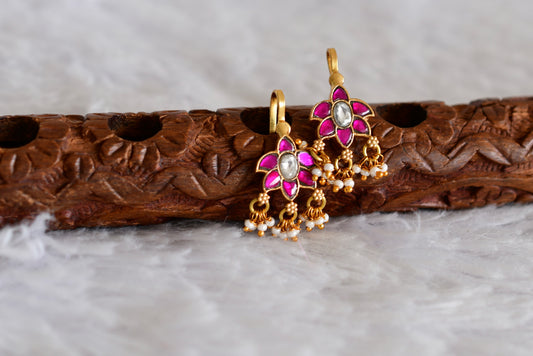 Gold tone pink-white kundan jadau bugadi earrings dj-52492