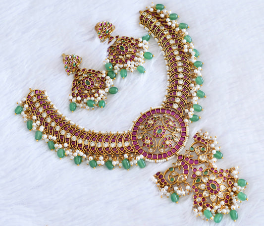 Antique gold tone ruby kundan peacock flower necklace set dj-53023