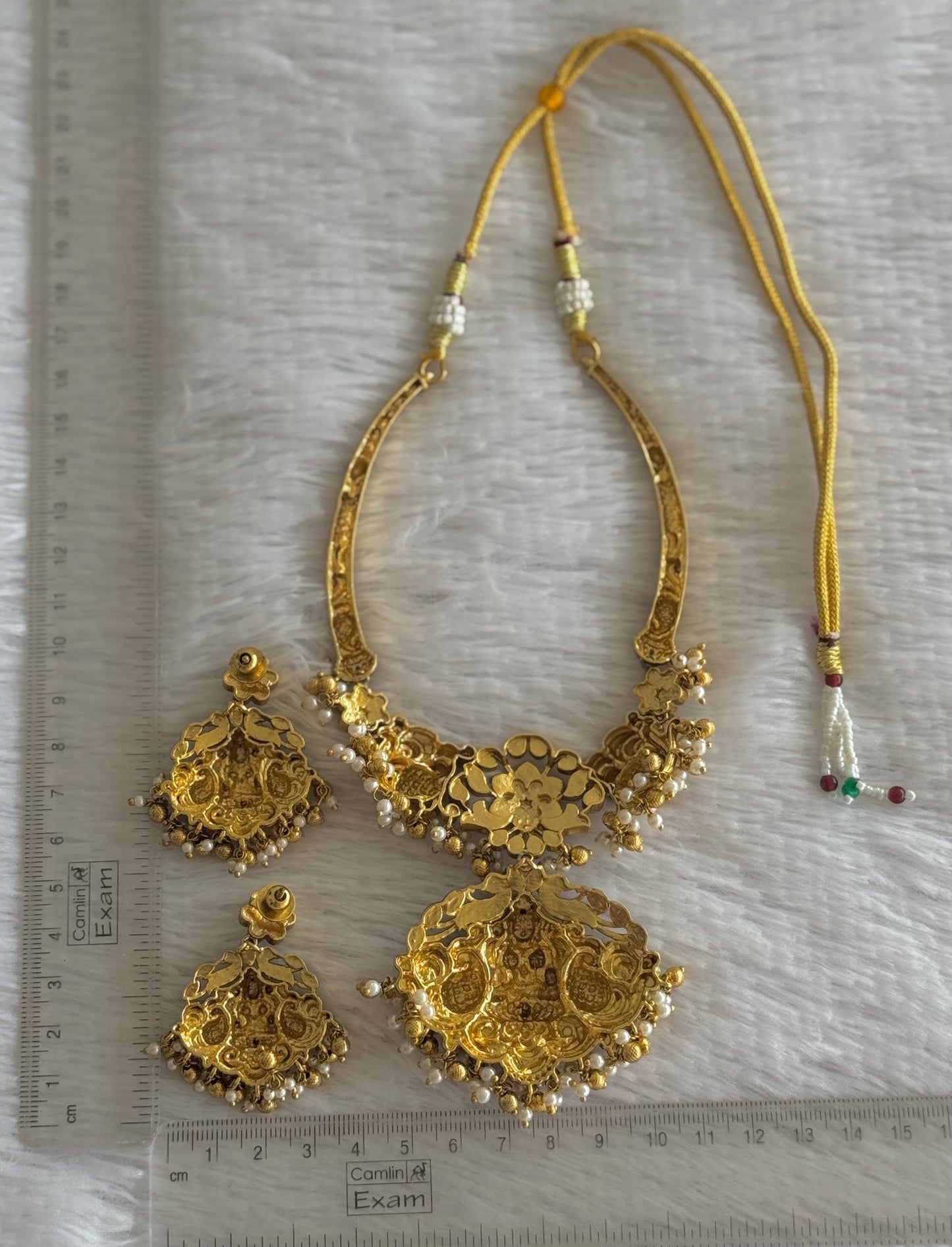 Antique gold tone pink-green kundan jadau lakshmi peacock necklace set dj-51542