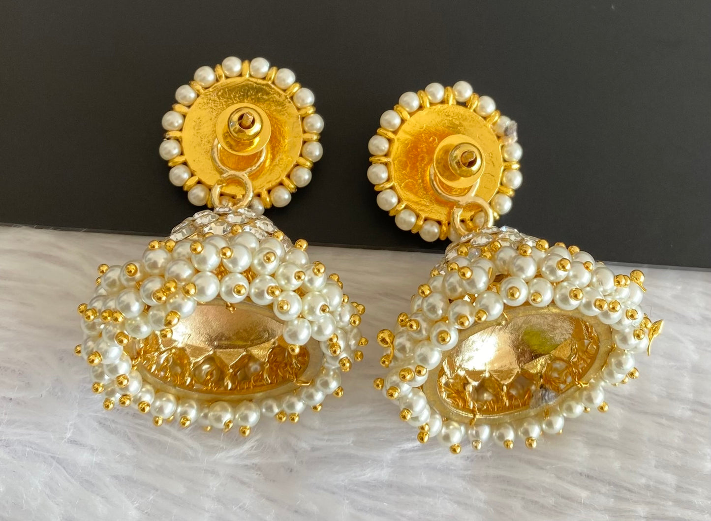 Gold tone precious white stone pearl big jhumkka dj-53222