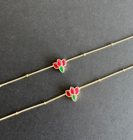 Mild Gold tone pink-green lotus kundan jadau anklets dj-51434