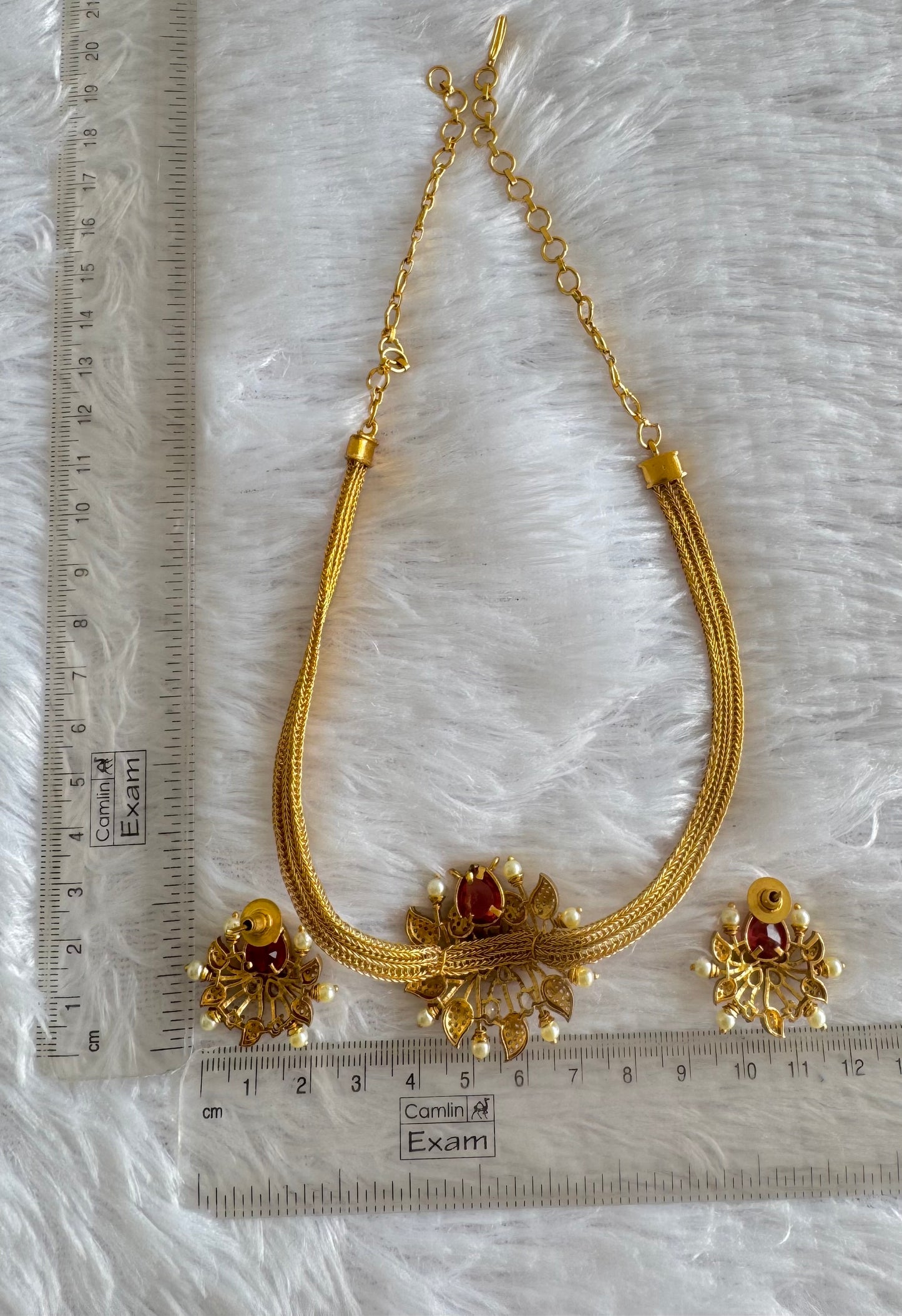 Matte finish cz magenta pink pearl pendant necklace set dj-52091