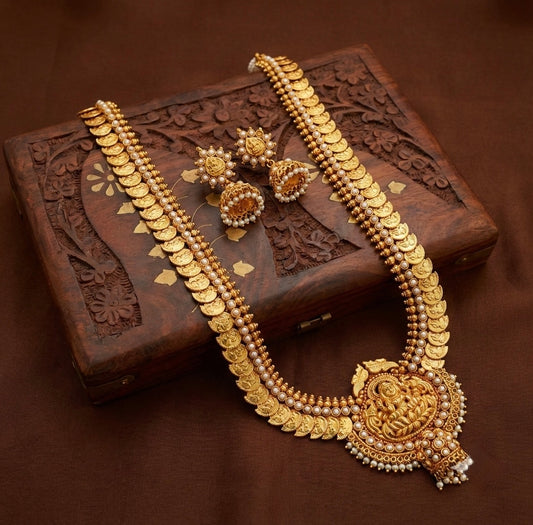 Antique gold tone pearl lakshmi coin haar set dj-07049