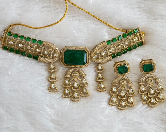 Antique gold tone cz kundan bottle green choker necklace set dj-51079