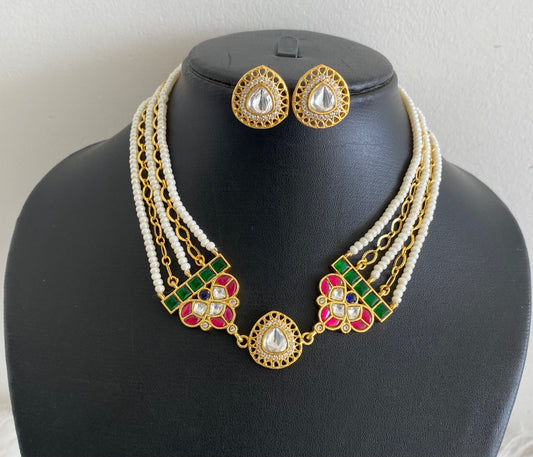 Gold tone kundan jadau pearl choker necklace set dj-54182