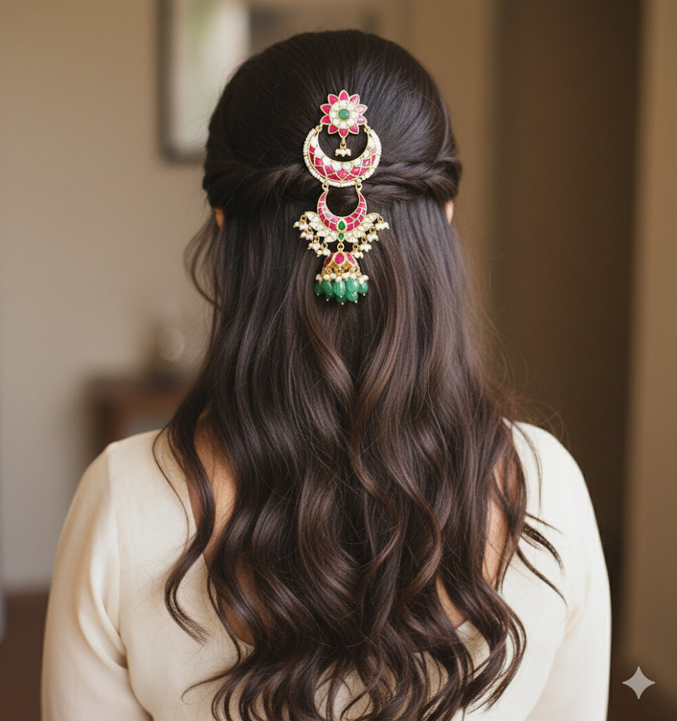 Gold tone pink-green kundan jadau flower hair jewel dj-52375