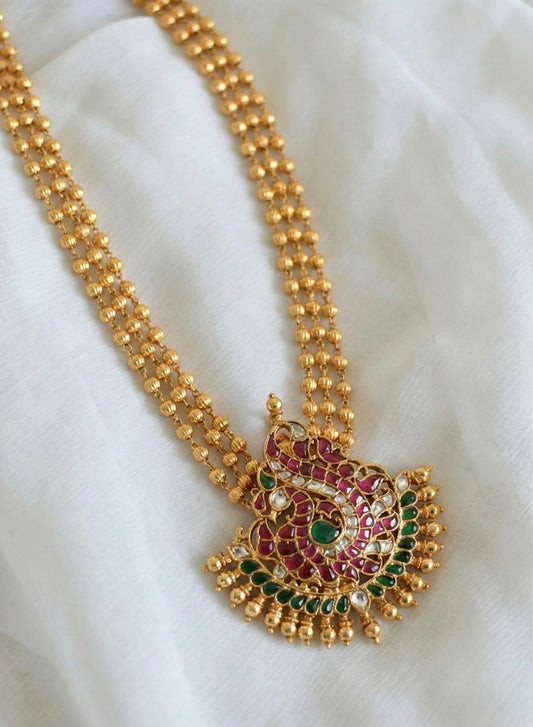 Gold tone pink-green kundan jadau peacock necklace dj-52580