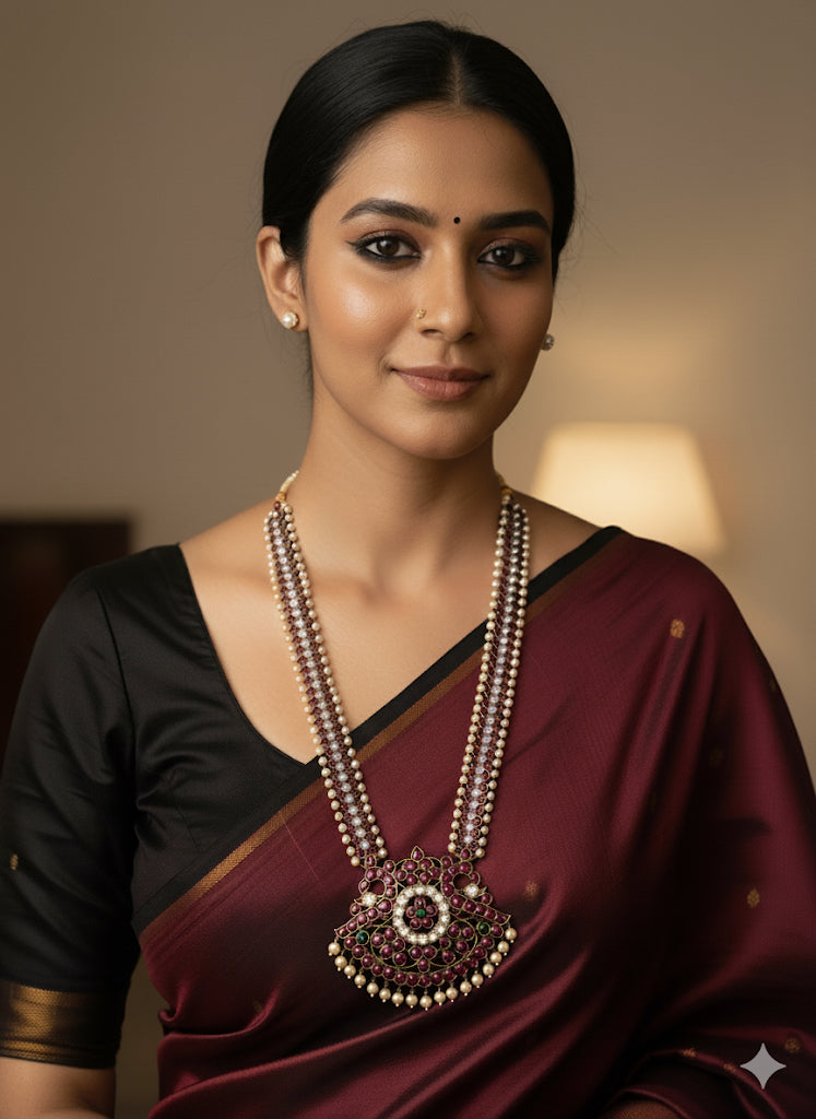 Black finish precious kemp-green-white pearl bead peacock haar dj-50444