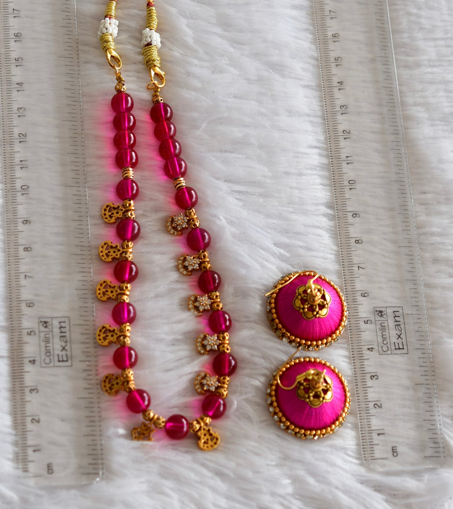 Gold tone cz flower Pink beaded Necklace Set dj-51947