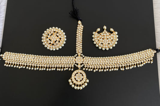 Gold tone AD white stone pearl with sun moon set tikka dj-53385