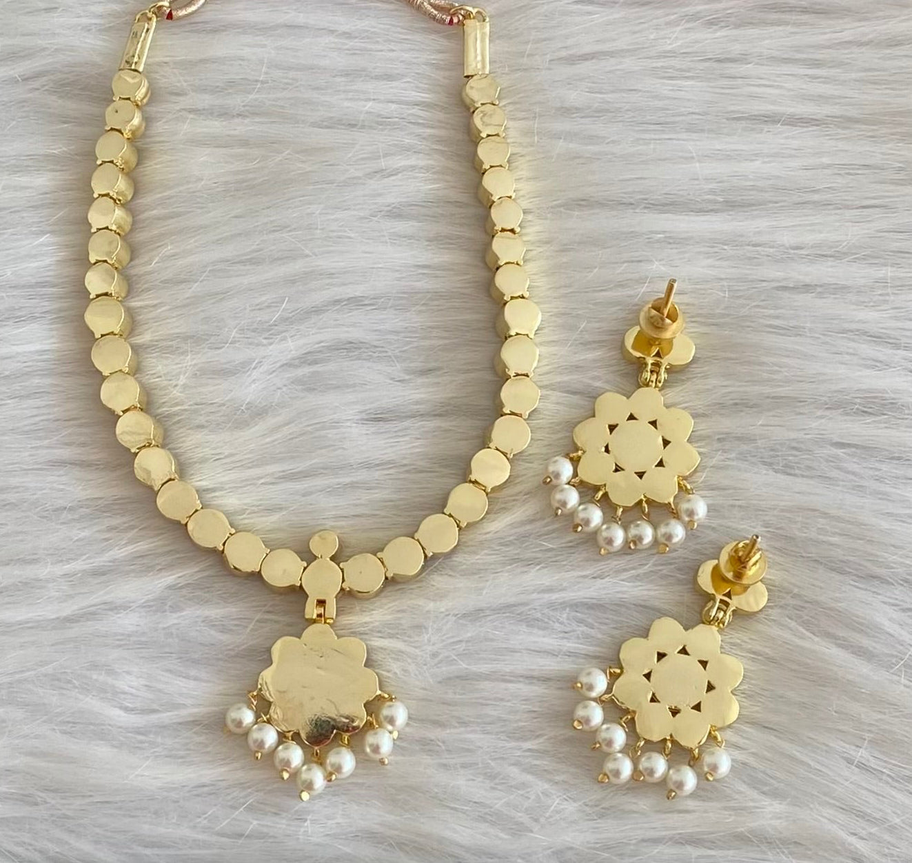 Gold tone precious kemp-green pearl flower necklace set dj-53937