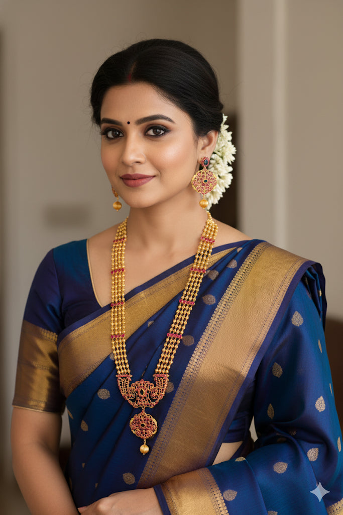 Gold tone ruby-blue beaded peacock haar set dj-51949