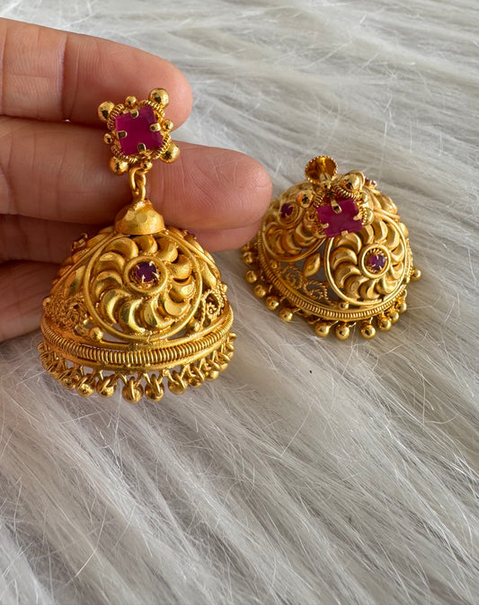 Gold tone pink Kerala style flower jhumkka dj-51356
