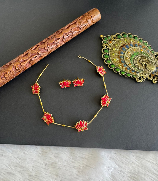 Matte finish pink lotus enamel necklace set dj-52111