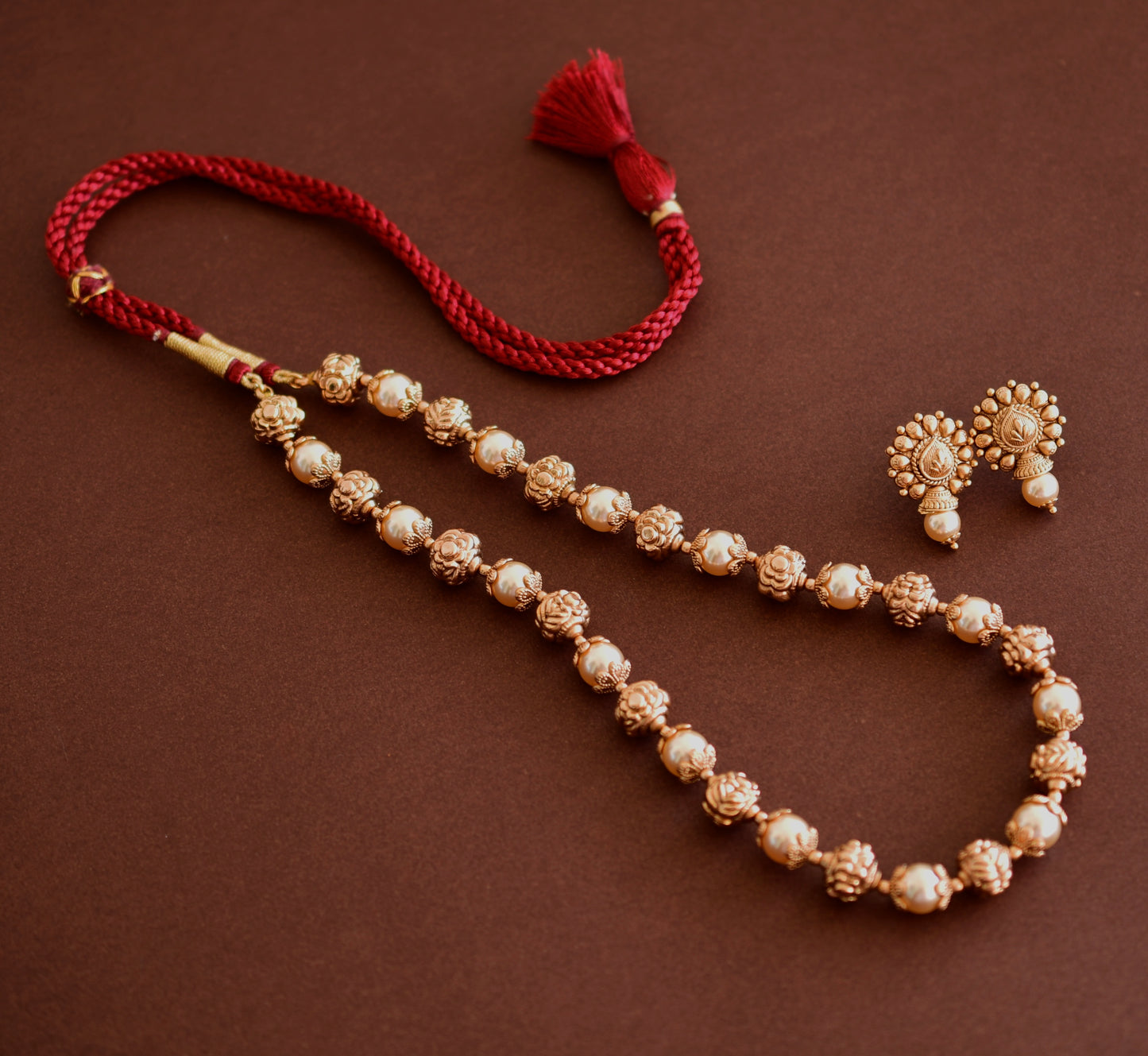 Matte finish nakshi pearl beaded mala/necklace set dj-52690
