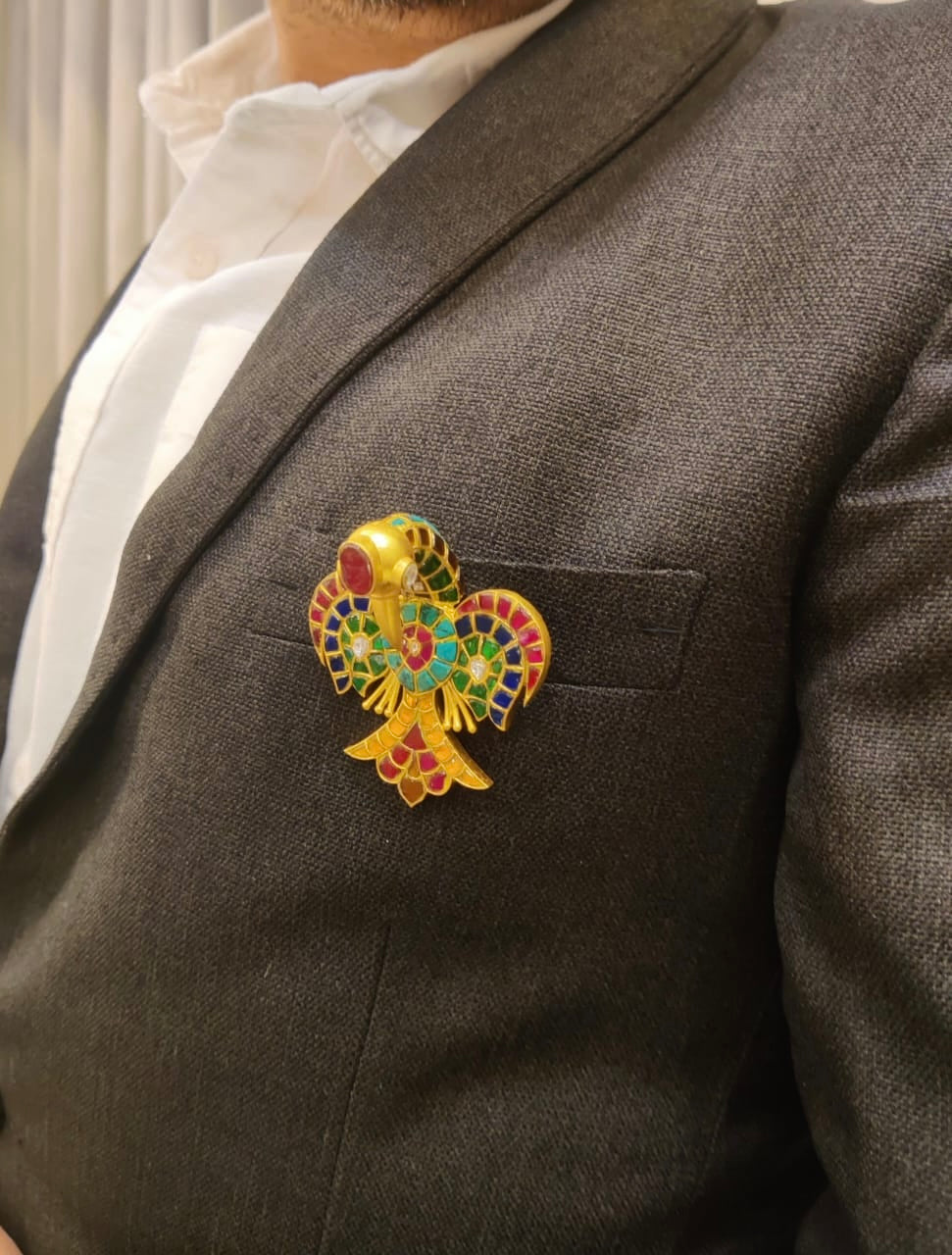 Matte finish Navarathna kundan jadau bird brooch dj-52639