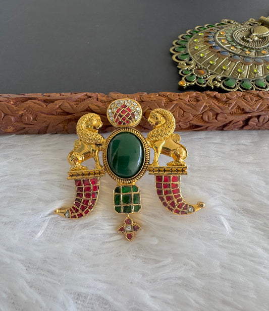 Antique gold tone pink-green-white kundan jadau Simha/Lion pendant dj-51589