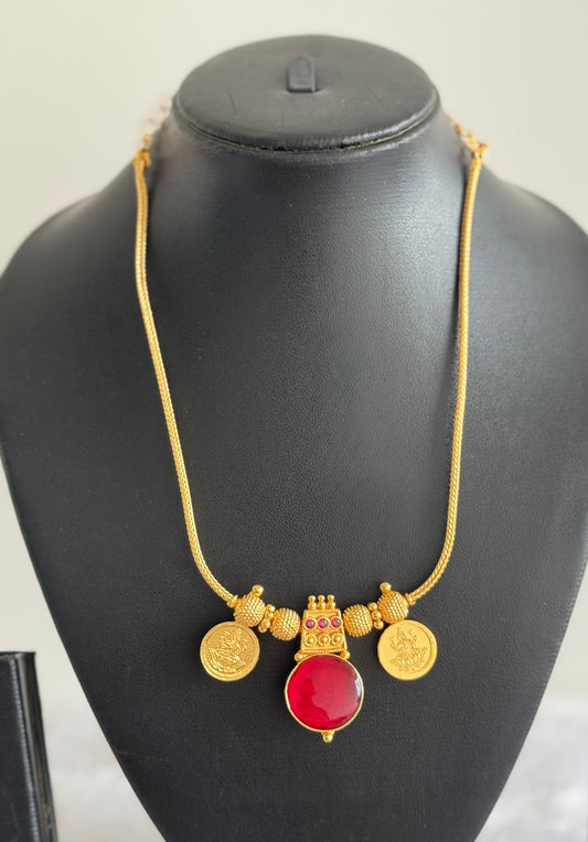 Gold tone pink-red kerala style round kodi Lakshmi coin necklace dj-51706