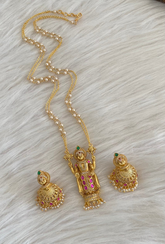 Antique gold tone pearl chain with kundan jadau thirumal pendant set dj-55116