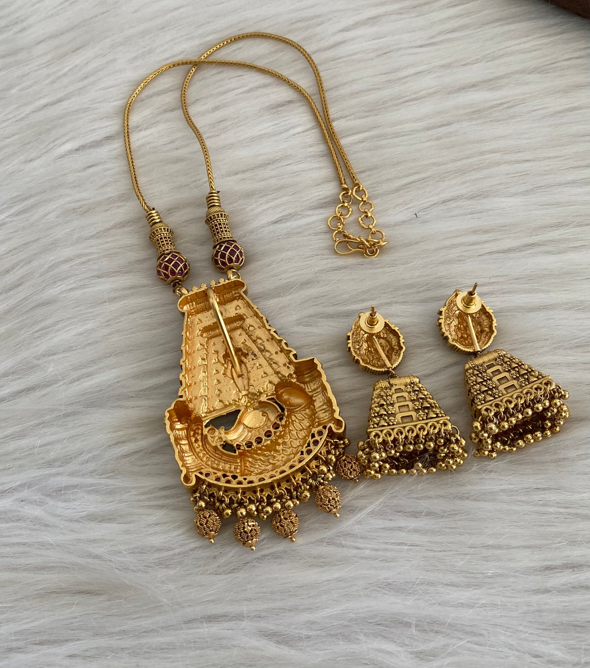 Antique gold tone beaded chain with ma meenakshi gopuram pendant set dj-55118