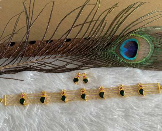 Gold tone kerala style pink-green mango choker necklace set dj-51724
