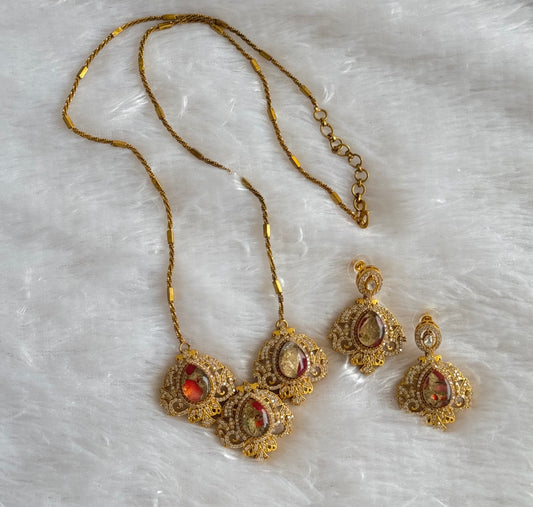 Antique gold tone peach brown-gold fire-stone long chain set dj-51097