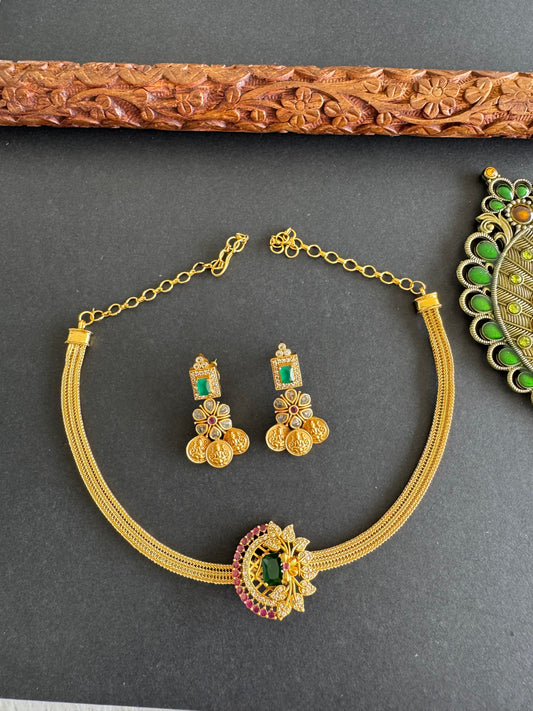 Matte finish ruby-emerald-white Lakshmi coin necklace set dj-52237