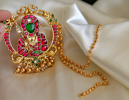 Matte finish pink-green kundan jadau Shri Karthikeya pendant necklace dj-52605