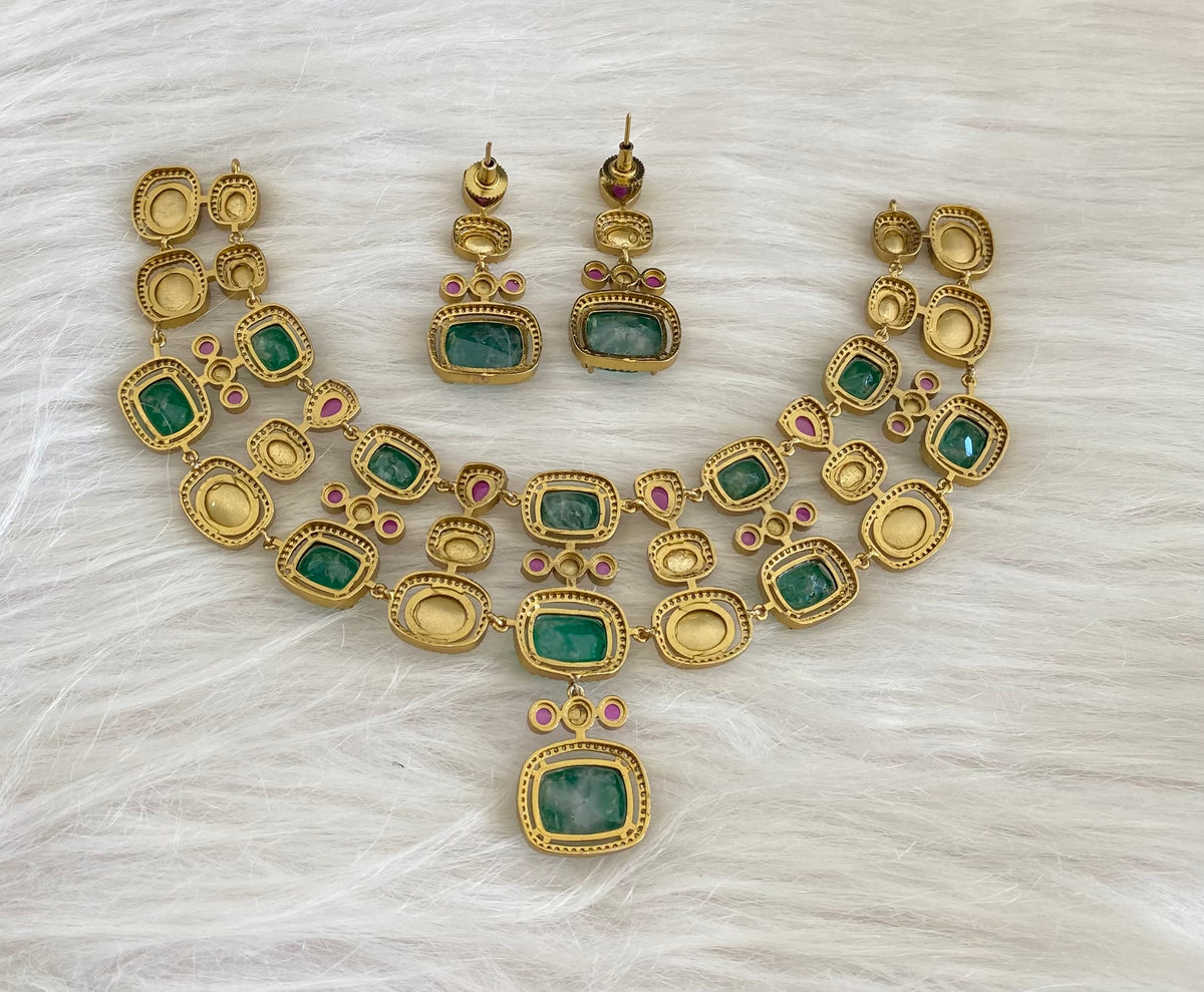 Antique gold tone green-pink-white necklace set dj-54800