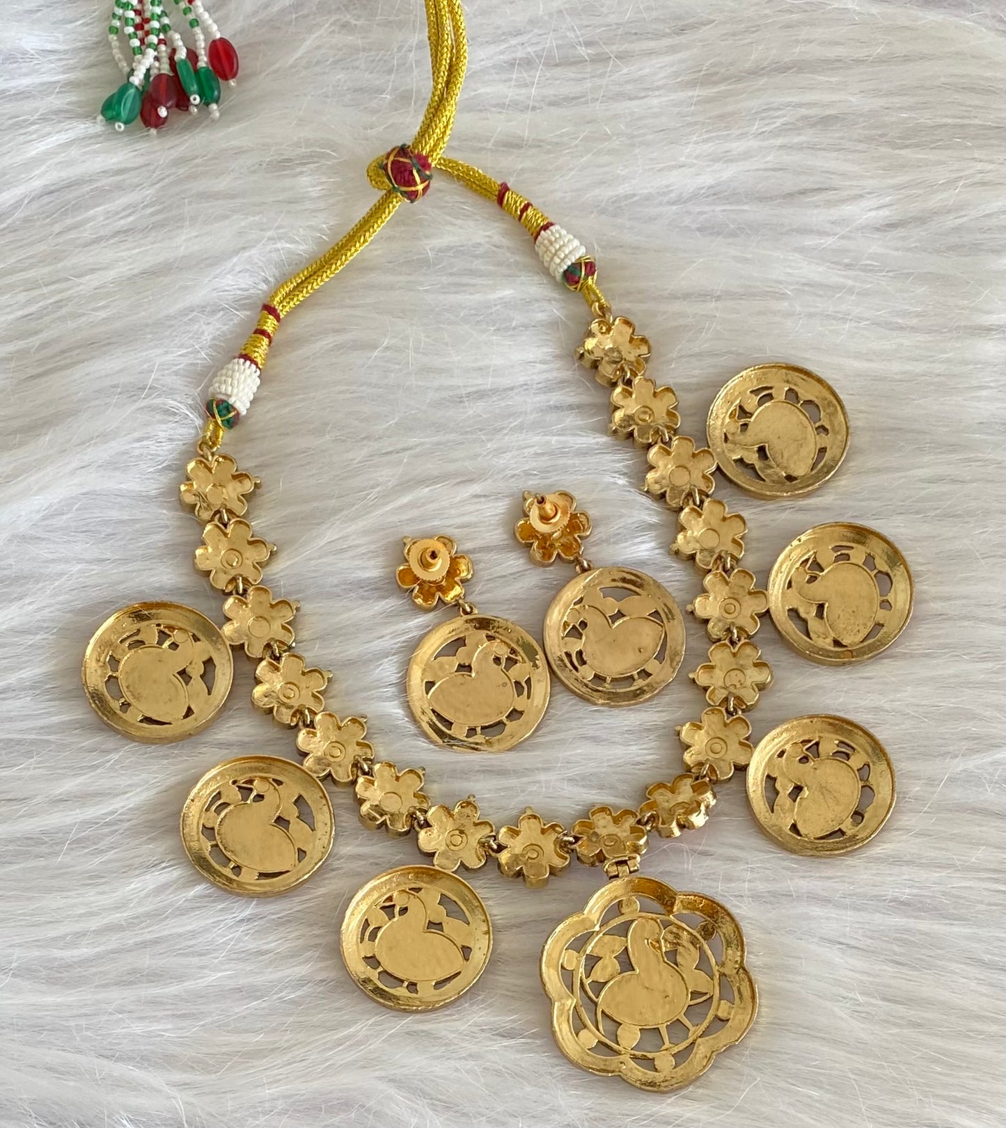 Antique gold tone swan flower kundan jadau necklace set dj-54163