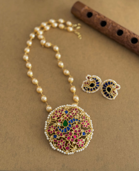 Matte finish multicolor kundan jadau peacock pearl beaded flower necklace set dj-51537