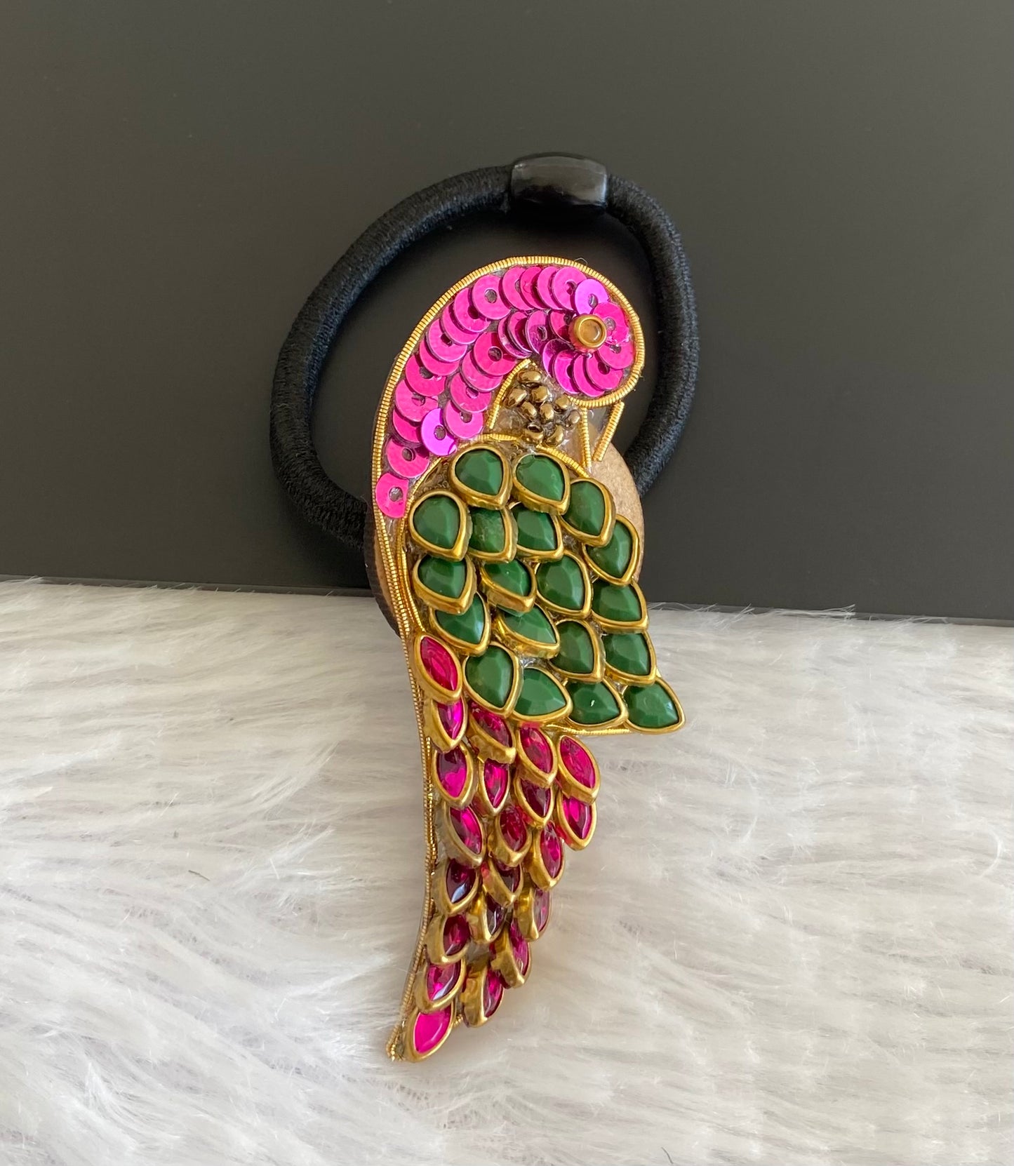 Antique gold tone handmade pink-green peacock hair band dj-52993