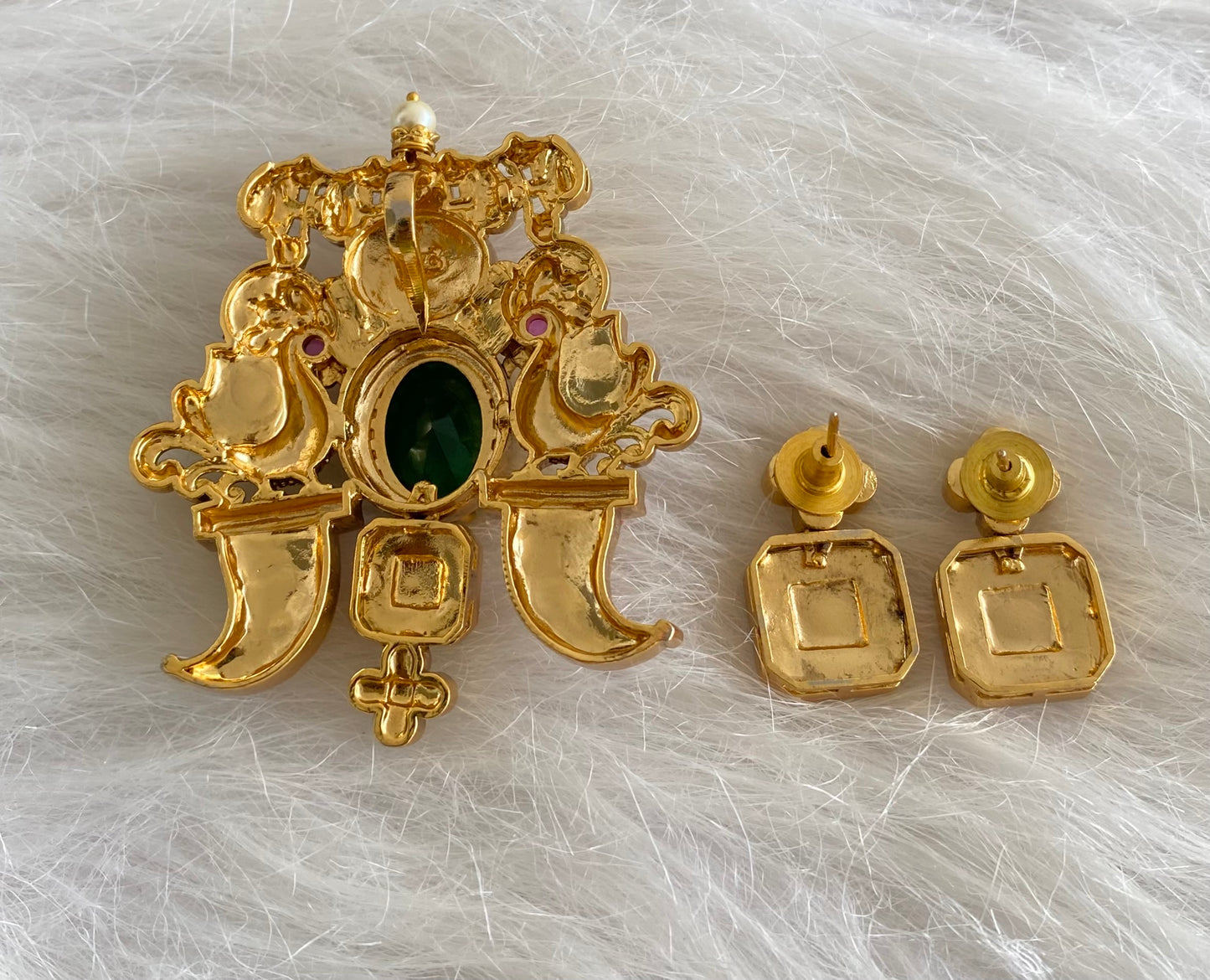 Antique gold tone pink-green-white kundan jadau peacock pendant set dj-54431